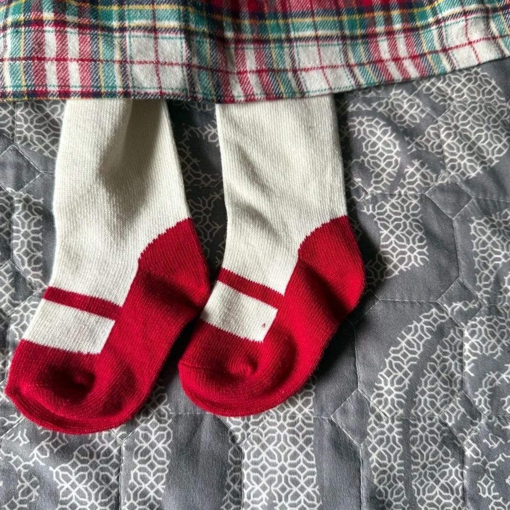 Shabby Chic Infant Holiday Red Plaid Dress with Bow and Tights. NWT 6-9 M